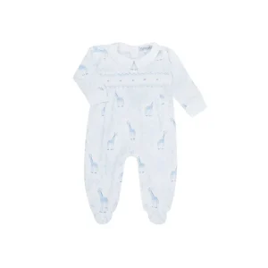 Shop All | Blue Giraffe Print Smocked Footie - CaringForTots - Professional Baby and Children's Products | Caring for Growth, Caring for Every Moment