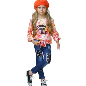 Shop All | Candy Corn Cutie Top And Patched Jeans Set - CaringForTots - Professional Baby and Children's Products | Caring for Growth, Caring for Every Moment