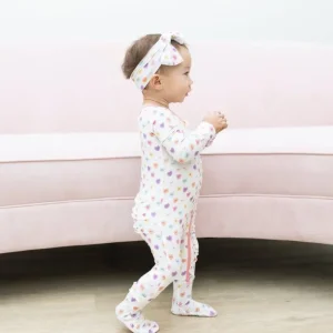 Shop All | Candy Hearts Footsie with Ruffle - CaringForTots - Professional Baby and Children's Products | Caring for Growth, Caring for Every Moment