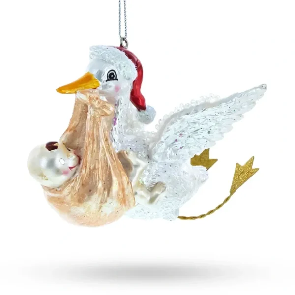 Shop All | Charming Stork Carrying Baby - Blown Glass Christmas Ornament - CaringForTots - Professional Baby and Children's Products | Caring for Growth, Caring for Every Moment