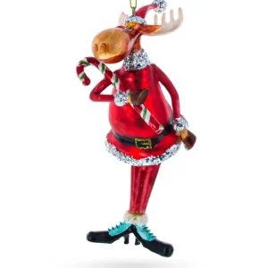 Shop All | Cheerful Chubby Moose With Candy Cane - Jolly Blown Glass Christmas Ornament - CaringForTots - Professional Baby and Children's Products | Caring for Growth, Caring for Every Moment