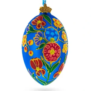 Shop All | Colorful Flowers On Blue Glass Egg Ornament 4 Inches - CaringForTots - Professional Baby and Children's Products | Caring for Growth, Caring for Every Moment