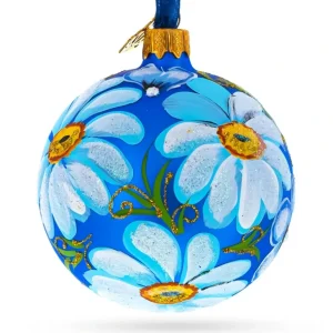 Shop All | Delightful Daisy Flowers On Blue Blown Glass Ball Christmas Ornament 3.25 Inches - CaringForTots - Professional Baby and Children's Products | Caring for Growth, Caring for Every Moment