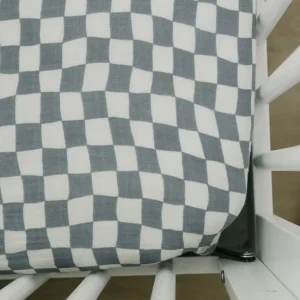 Shop All | Dusty Blue Wavy Checkered Muslin Crib Sheet - CaringForTots - Professional Baby and Children's Products | Caring for Growth, Caring for Every Moment