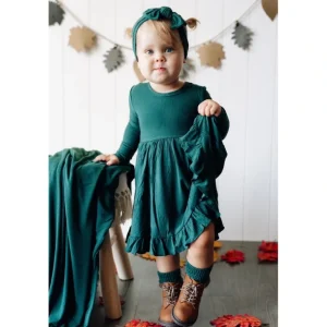 Shop All | Evergreen Rib Dream Ruffle Dress - CaringForTots - Professional Baby and Children's Products | Caring for Growth, Caring for Every Moment
