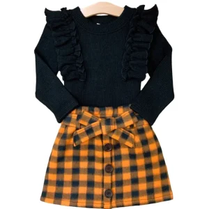 Discount Feels Like Fall Ruffled Top And Checkered Skirt Set - CaringForTots - Professional Baby and Children's Products | Caring for Growth, Caring for Every Moment