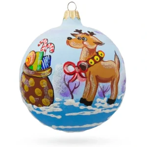 Clearance Festive Reindeer Carrying Bag Of Gifts Blown Glass Ball Christmas Ornament 3.25 Inches - CaringForTots - Professional Baby and Children's Products | Caring for Growth, Caring for Every Moment
