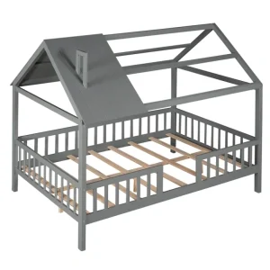 Shop Full Size Wood House Bed with Fence, Gray - CaringForTots - Professional Baby and Children's Products | Caring for Growth, Caring for Every Moment