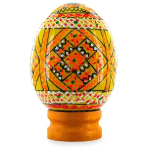 Online Geometrical Yellow Ukrainian Wooden Easter Egg Pysanka On A Stand 3 Inches - CaringForTots - Professional Baby and Children's Products | Caring for Growth, Caring for Every Moment