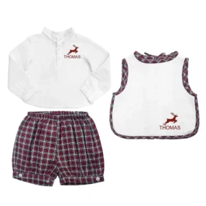 Flash Sale Gift Set Boys French Collar White Shirt & Tartan Shorts & Apron Bib With Monogram - CaringForTots - Professional Baby and Children's Products | Caring for Growth, Caring for Every Moment