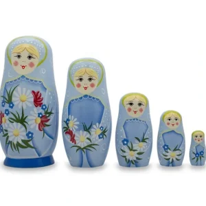 Shop All | 5 Girls With Daisy Flowers & Blue Skirt Wooden Nesting Dolls 6 Inches - CaringForTots - Professional Baby and Children's Products | Caring for Growth, Caring for Every Moment