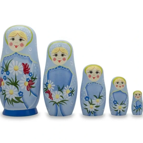 Shop All | 5 Girls With Daisy Flowers & Blue Skirt Wooden Nesting Dolls 6 Inches - CaringForTots - Professional Baby and Children's Products | Caring for Growth, Caring for Every Moment