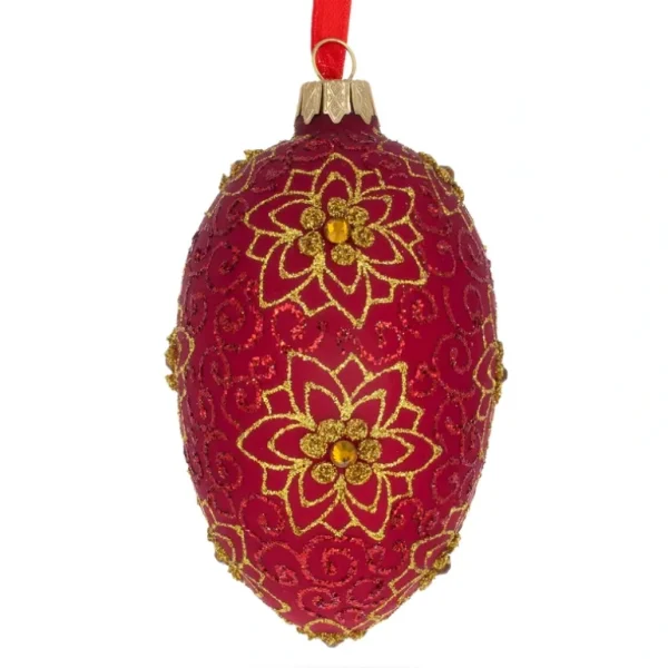 Clearance Golden Flower On Red Glass Egg Ornament 4 Inches - CaringForTots - Professional Baby and Children's Products | Caring for Growth, Caring for Every Moment