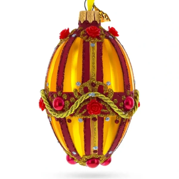 Online Golden Stripes Over Pearls And Roses Glass Egg Christmas Ornament 4 Inches - CaringForTots - Professional Baby and Children's Products | Caring for Growth, Caring for Every Moment