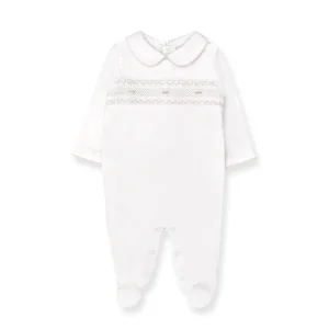 Clearance Hand Smocked Pima Playsuit, White & Pink - CaringForTots - Professional Baby and Children's Products | Caring for Growth, Caring for Every Moment