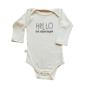 Hot Hello Im New Here - Long Sleeve Organic Baby Bodysuit - CaringForTots - Professional Baby and Children's Products | Caring for Growth, Caring for Every Moment