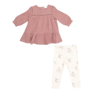 Sale Ladder Trim Dress And Ribbed Legging - Muslin - Solid Bridal Rose - CaringForTots - Professional Baby and Children's Products | Caring for Growth, Caring for Every Moment