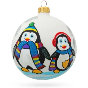 Fashion Lovebirds On Ice: Two Penguins Blown Glass Ball Christmas Ornament 4 Inches - CaringForTots - Professional Baby and Children's Products | Caring for Growth, Caring for Every Moment