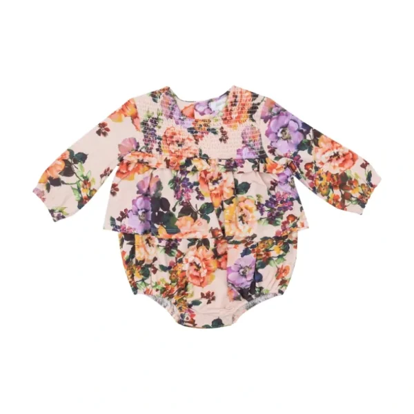Fashion L/s Smocked Ruffle Bubble W/ Skirt - Autumn Rose - CaringForTots - Professional Baby and Children's Products | Caring for Growth, Caring for Every Moment