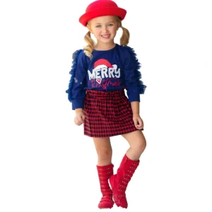 Outlet Magical Time Merry Christmas Top And Checkered Skirt Set - CaringForTots - Professional Baby and Children's Products | Caring for Growth, Caring for Every Moment