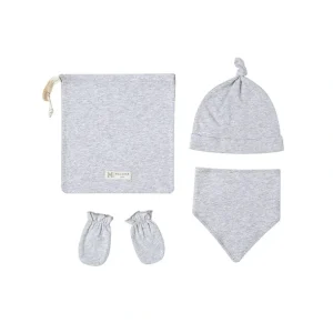 Outlet Organic Cotton Bandana Bib, Mitten, Hat Set - Grey Erawan - CaringForTots - Professional Baby and Children's Products | Caring for Growth, Caring for Every Moment