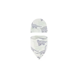 Clearance Organic Cotton Hat And Bib Set Heather Beige Printed Dinosaurs - CaringForTots - Professional Baby and Children's Products | Caring for Growth, Caring for Every Moment