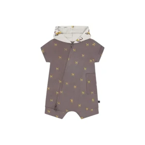 New Organic Cotton Hooded Romper Dark Grey With Printed Pixel Dog - CaringForTots - Professional Baby and Children's Products | Caring for Growth, Caring for Every Moment