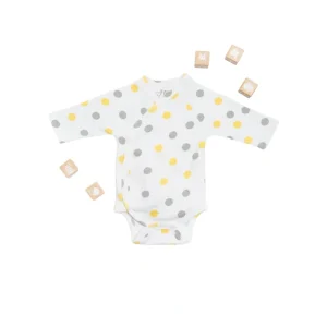 Clearance Organic Cotton Kimono Bodysuit - Yellow & Gray Polka Dots - CaringForTots - Professional Baby and Children's Products | Caring for Growth, Caring for Every Moment