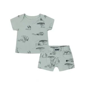 Best Sale Organic Cotton Top And Short Set Sage With Printed Jungle - CaringForTots - Professional Baby and Children's Products | Caring for Growth, Caring for Every Moment