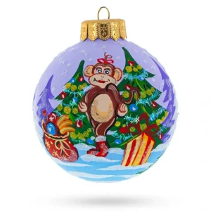 Playful Monkey With Christmas Gifts - Artisan Blown Glass Ball Christmas Ornament 4 Inches - CaringForTots - Professional Baby and Children's Products | Caring for Growth, Caring for Every Moment* Ornaments