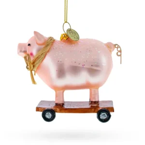 Playful Pig Riding A Skateboard - Blown Glass Christmas Ornament - CaringForTots - Professional Baby and Children's Products | Caring for Growth, Caring for Every Moment* Christmas Tree Ornaments