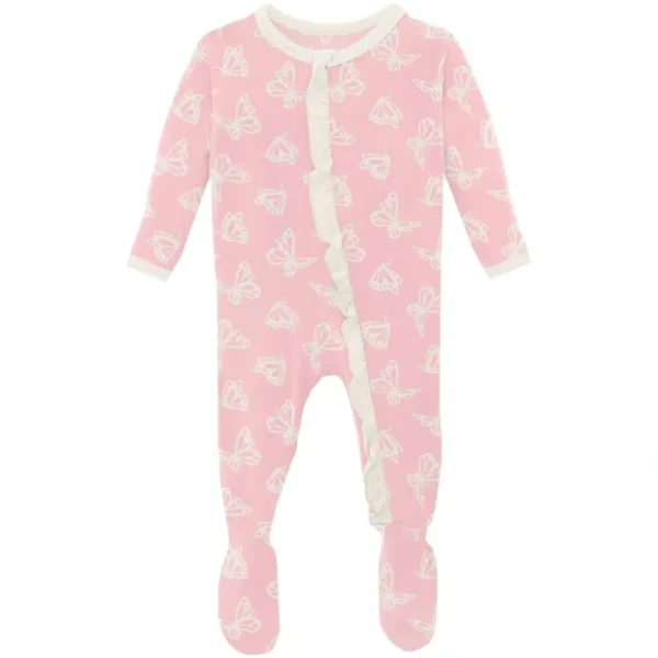 Print Classic Ruffle Footie with Zipper in Lotus Butterfly - CaringForTots - Professional Baby and Children's Products | Caring for Growth, Caring for Every Moment* Clothing