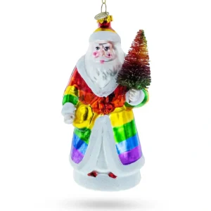 Rainbow-clad Santa Holding A Christmas Tree - Blown Glass Christmas Ornament - CaringForTots - Professional Baby and Children's Products | Caring for Growth, Caring for Every Moment* Christmas Trees
