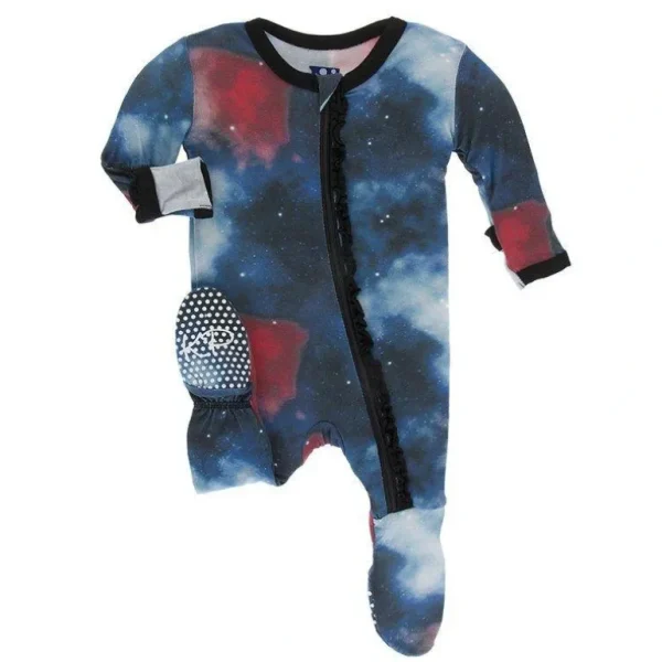 Clothing | Red Ginger Galaxy Print Muffin Ruffle Zipper Footie - CaringForTots - Professional Baby and Children's Products | Caring for Growth, Caring for Every Moment