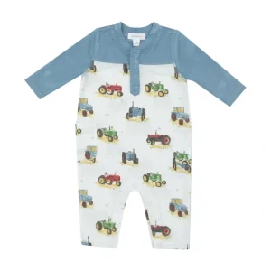 Romper W/ Contrast Sleeve - Vintage Tractors - CaringForTots - Professional Baby and Children's Products | Caring for Growth, Caring for Every Moment* Rompers - Snap-Closure