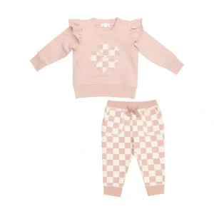 Ruffle Sweatshirt + Paperbag Jogger - Checkerboard Pink - CaringForTots - Professional Baby and Children's Products | Caring for Growth, Caring for Every Moment* Sweaters