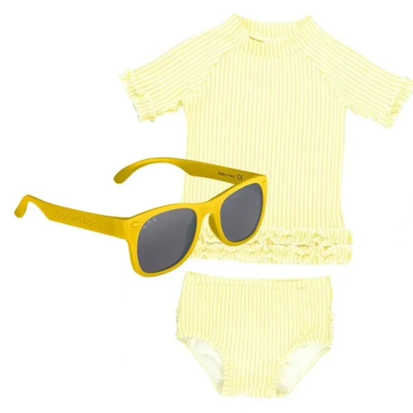Rufflebutts Baby Seersucker Rash Guard Bikini With Roshambo Yellow Sunglasses - CaringForTots - Professional Baby and Children's Products | Caring for Growth, Caring for Every Moment* Sunglasses