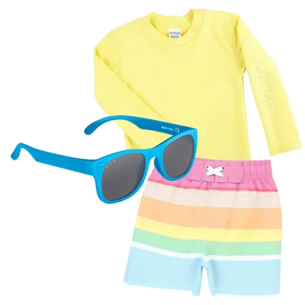Ruggedbutts Toddler Rainbow Stripe Swim Trunks & Rash Guard With Roshambo Blue Sunglasses - CaringForTots - Professional Baby and Children's Products | Caring for Growth, Caring for Every Moment* Sunglasses