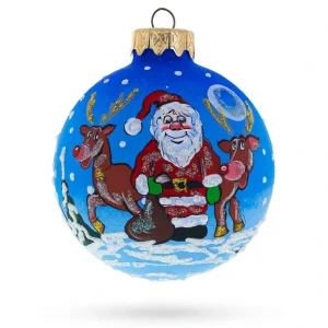 Santa's Sleigh Ride: Santa And Reindeer Festive Blown Glass Ball Christmas Ornament 3.25 Inches - CaringForTots - Professional Baby and Children's Products | Caring for Growth, Caring for Every Moment* Christmas Tree Ornaments