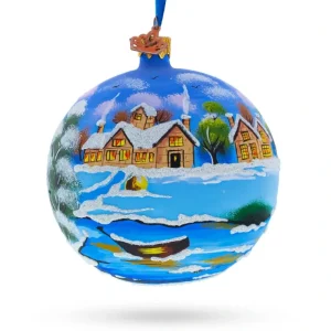 Serene Winter Village Scene With Lake - Artisan Blown Glass Ball Christmas Ornament 4 Inches - CaringForTots - Professional Baby and Children's Products | Caring for Growth, Caring for Every Moment* Ornaments