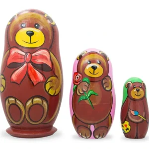 Set Of 3 Bears With Rose And Bow Wooden Nesting Dolls 4.25 Inches - CaringForTots - Professional Baby and Children's Products | Caring for Growth, Caring for Every Moment* Animals