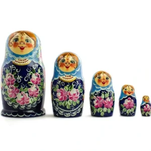 Set Of 5 Blue Floral Dress Girls Wooden Nesting Dolls 7 Inches - CaringForTots - Professional Baby and Children's Products | Caring for Growth, Caring for Every Moment* Flowers