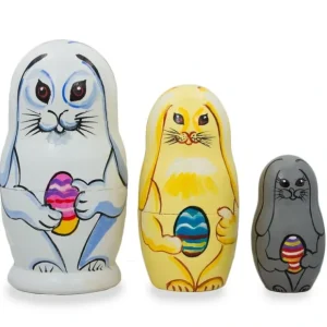 Set Of 3 Bunnies With Easter Eggs Wooden Nesting Dolls 4.25 Inches - CaringForTots - Professional Baby and Children's Products | Caring for Growth, Caring for Every Moment* Bunnies
