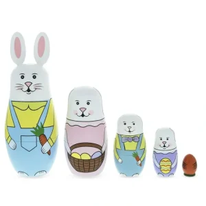 Set Of 5 Bunny Family & Carrot Wooden Nesting Dolls 7 Inches Tall - CaringForTots - Professional Baby and Children's Products | Caring for Growth, Caring for Every Moment* Bunnies