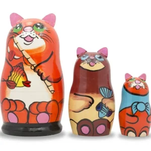 Set Of 3 Cats With Fish And Rod Wooden Nesting Dolls 5.5 Inches - CaringForTots - Professional Baby and Children's Products | Caring for Growth, Caring for Every Moment* Animals