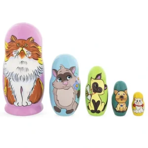 Set Of 5 Colorful Cats Wooden Nesting Dolls 6 Inches - CaringForTots - Professional Baby and Children's Products | Caring for Growth, Caring for Every Moment* Animals