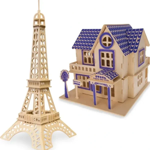 Set Of 2 Eiffel Tower And House Model Kit Wooden 3d Puzzles - CaringForTots - Professional Baby and Children's Products | Caring for Growth, Caring for Every Moment* Wooden Puzzles