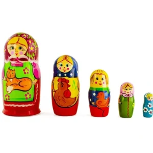 Set Of 5 Girls With Cat, Rooster And Duck Animals Nesting Dolls 6 Inches - CaringForTots - Professional Baby and Children's Products | Caring for Growth, Caring for Every Moment* Animals