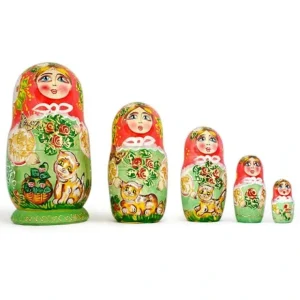 Set Of 5 Girls With Cats Wooden Nesting Dolls 6.5 Inches - CaringForTots - Professional Baby and Children's Products | Caring for Growth, Caring for Every Moment* Animals