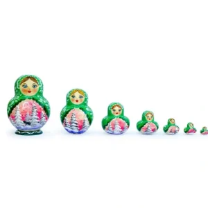 Set Of 6 Horse In Winter Forest Green Dress Nesting Dolls 6 Inches - CaringForTots - Professional Baby and Children's Products | Caring for Growth, Caring for Every Moment* Winter Villages